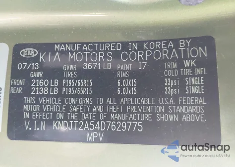 2013 Kia Soul из США, поврежденный, VIN KNDJT2A54D7629775